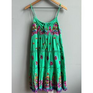 LULA SOUL Green Embroidered Colorful Sun Dress w/ Fringe Pom Poms Size XS